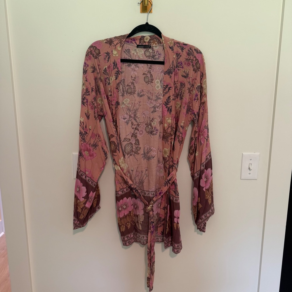 Lance Cade Womens Pink Floral Kimono Robe Long Sleeve Tie Waist Size S Boho